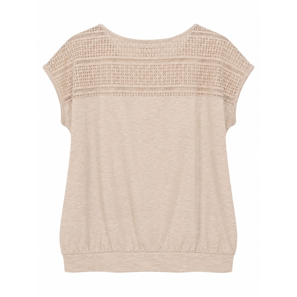 Lane Bryant Crochet Lace Yoke Top Oatmeal Beige Tan Short Sleeve Plus Size 18/20 - Picture 2 of 6
